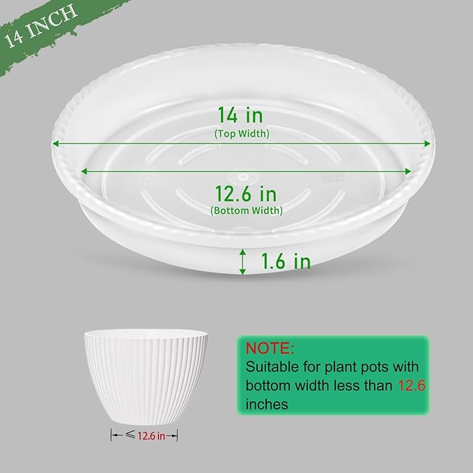 SupKing Large Plant Saucers Drip Tray 2 Pack 14 Inch Heavy Sturdy Plastic Flower Pot Saucers for Indoor,Clear Plastic Planter Water Tray for Plant Pots Liners (14''-Clear)
