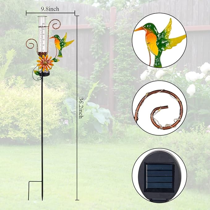 Stargarden Hummingbird Rain Gauge Outdoor,Metal Solar Rain Gauge Decorative Waterproof for Yard Garden Patio Lawn