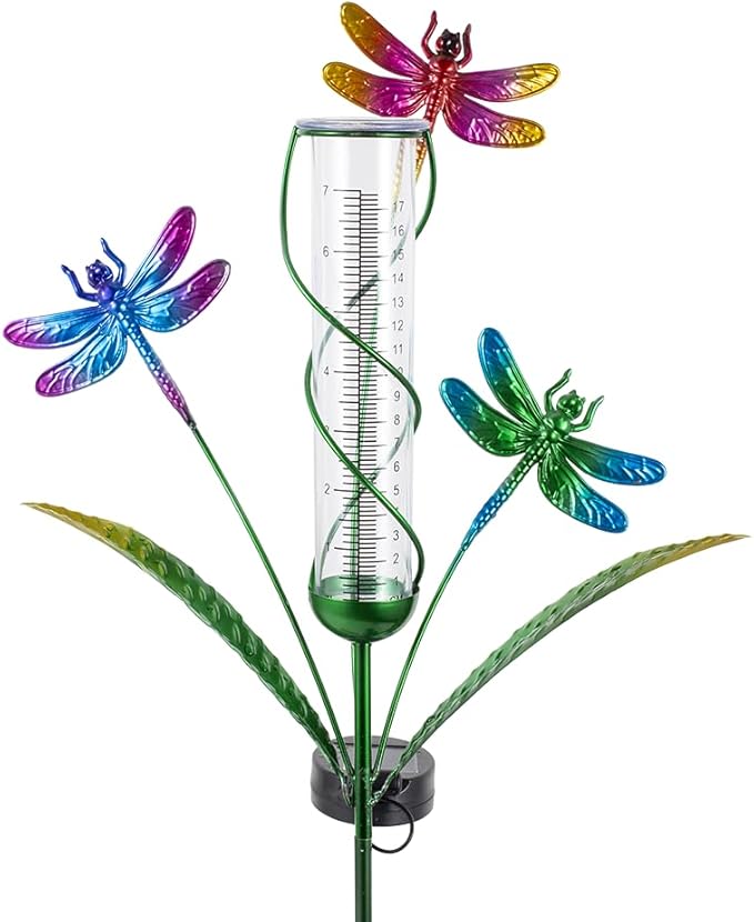 Stargarden Rain Gauge Outdoor, Dragonfly Solar Rain Gauge with 7" Plastic Tube, Decorative Rain Gauge for Yard Garden Patio Lawn