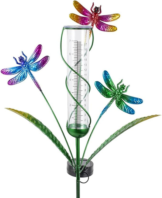 Stargarden Rain Gauge Outdoor, Dragonfly Solar Rain Gauge with 7" Plastic Tube, Decorative Rain Gauge for Yard Garden Patio Lawn