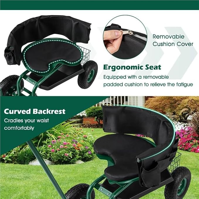 ERGOMASTER Garden Cart Rolling Workseat with Wheels,2 Steering Handles,360 Degree Swivel Seat & Tool Storage, Use for Patio, Yard, and Outdoors Workseat, Green