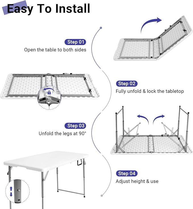 Byliable Folding Table 4 Foot, Heavy Duty Portable Plastic Fold-in-Half Utility 4ft Folding Table with Carrying Handle for Indoor Outdoor, Camping Picnic Party, White