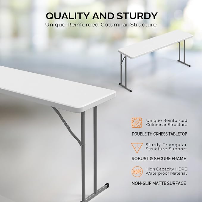 VINGLI 5 FT Narrow Folding Table,Premium Quality HDPE Material and Sturdy Metal Frame, Perfect for Buffet, Seminar, Party, Training, Home Work, White