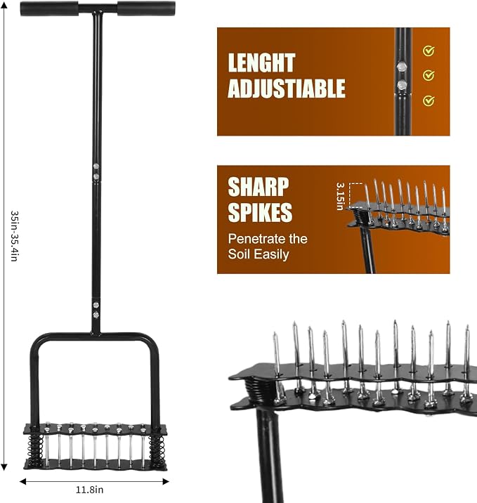 Lawn Aerator Tool with 14 Metal Spikes – Manual Yard Aerator with Spring Base & Auto Leaf Cleaning for Soil Aeration, Lawn Care, Grass Health – Heavy Duty Aerator for Garden, Backyard, Patio