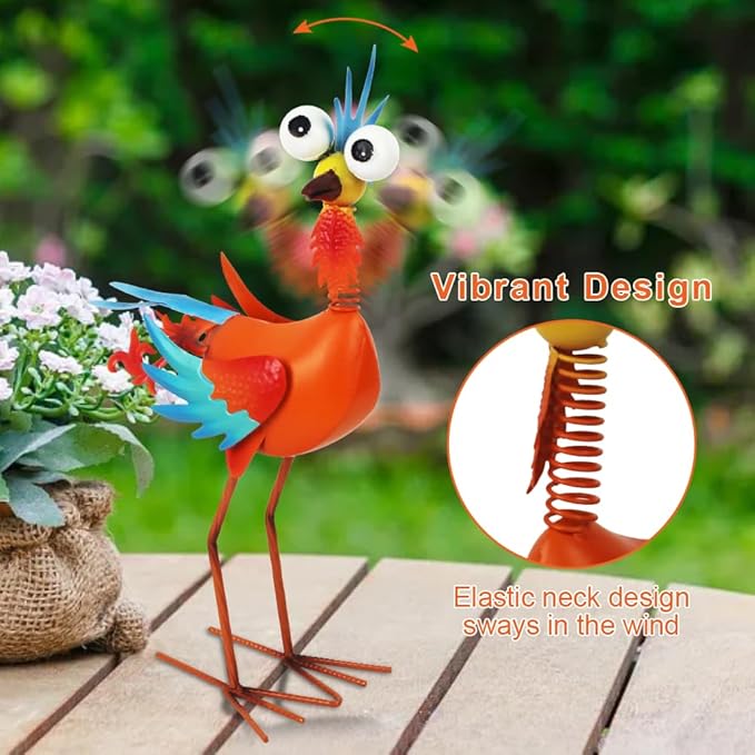 Metal Wacky Rooste Garden Statue, 17.9‘’ Rooster Decor Yard Statue Decorations Outdoor, Chicken Yard Art for Outside, Patio, Backyard, Lawn (Orange & Cyan)