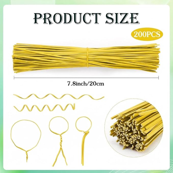 200 PCS Twist Ties for Plants, 7.8 Inch Garden Twist Ties Reusable Yellow Cable Tie with Rugged Metal Innercores for Bread Cake Pop Candy Bags Cable Organization Christmas Tree Gardening Decor