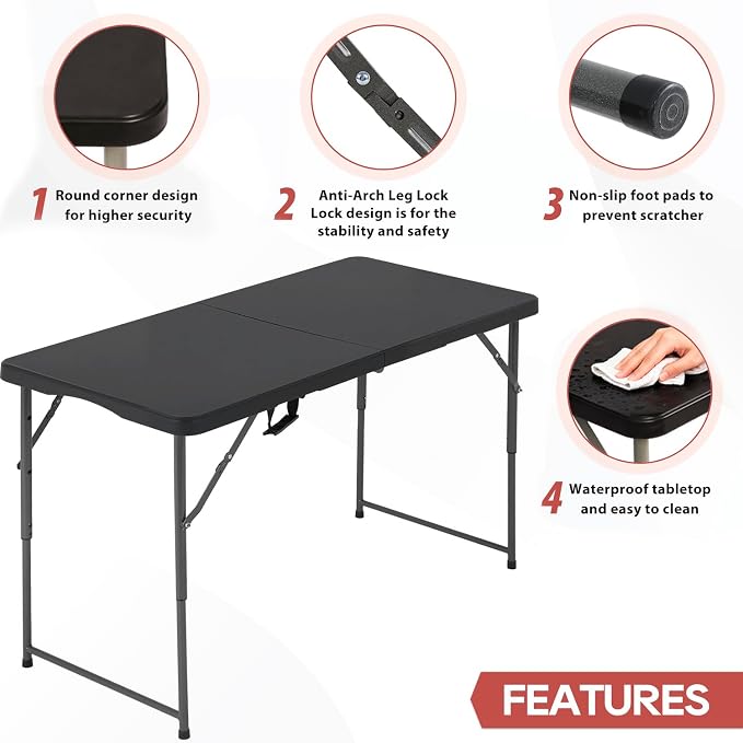 PayLessHere | 4FT Folding Table | Portable Plastic Table with Carry Handle | Waterproof & Foldable Table Design | Steel Frame with Lock | Black | for Events, Camping, Indoor & Outdoor Use