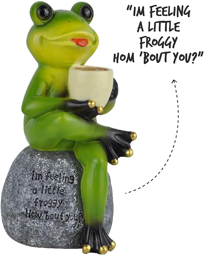 OrnamentallyYou Spring & Summer-Themed Garden Statues – Adorable Outdoor Decor for Lawn, Patio & Porch (Coffee Drinking Frog Garden Statue with Funny Quote)