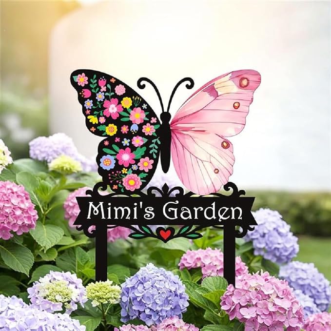 Personalized Metal Yard Sign, Butterfly Metal Stake Decor, Bird & Flower Design, Gift for Garden Lovers, Garden Decor (Pink butterfly)