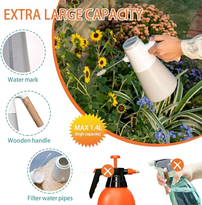 1.4L Electric Spray misting Bottle，Water Sprayer in Lawn and Garden, Outdoor Plants，Cleaning，Weeding; 180° Adjustable Long Nozzle; 2 Spray Modes; Battery Powered; Wood-Grain Handle