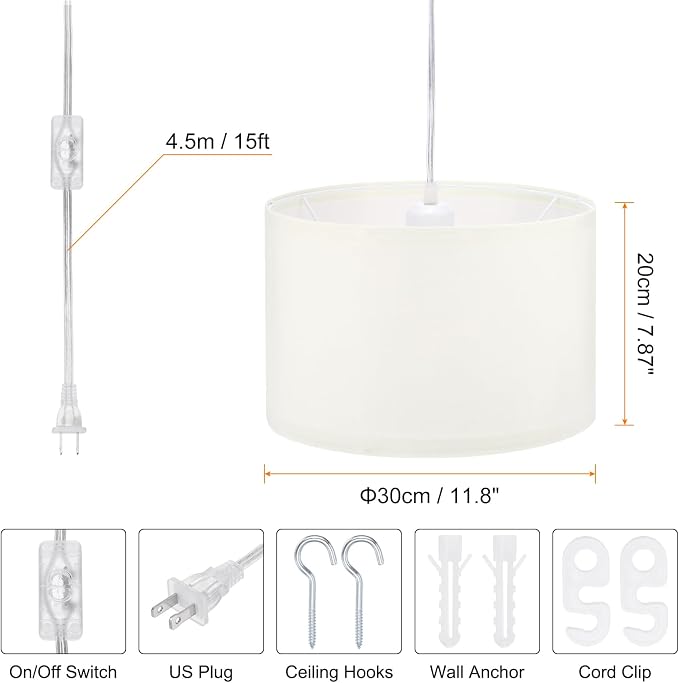 PATIKIL Plug in Pendant Light, 15Ft Rope Cord Hanging Lamp Fixture with ON/Off Switch, Linen Fabric Shade E26/E27 Bulb Socket for Bedroom Kitchen Living Room, Beige White
