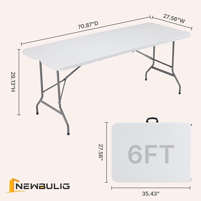 NEWBULIG 6 FT Foldable Table Easy to Fold and Store, Folding Picnic Table for Picnic Camping Kitchen Dining Party Outdoor Indoor with Carrying Handle, White