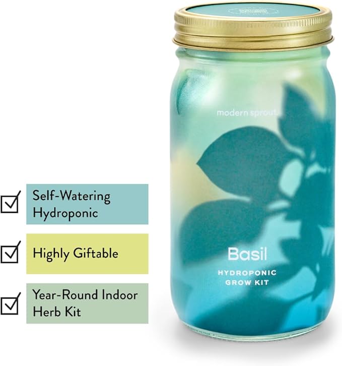 Modern Sprout New & Improved Mason Jar Grow Set, Indoor Herb Garden, Seed Starter Set, Sprouting Jar Planter, Organic Seeds, Hydroponic Growing (Basil + Lavender)