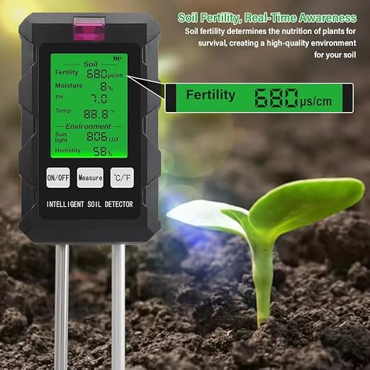 GROW24 Digital Soil Tester, 6-in-1 Moisture Meter with pH, Temperature, Sunlight Intensity for Garden Plants