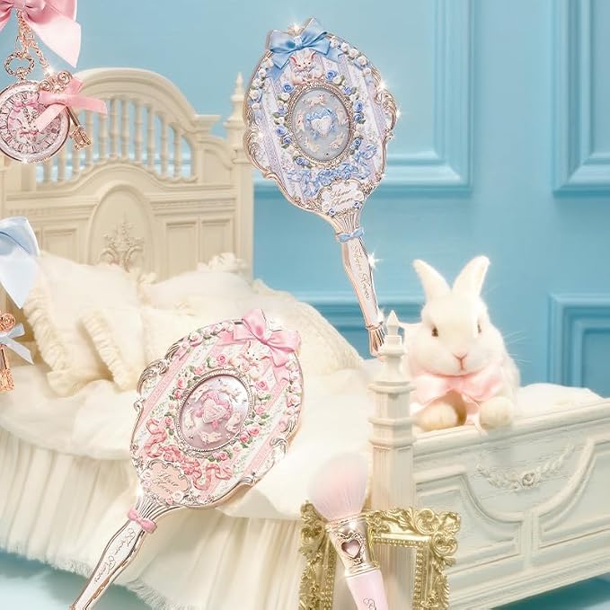 Flower Knows Bunny Garden Collection Hand Mirror,Vintage Portable Handheld Mirror,Fancy & Pretty Princess Mirror with Long Handle,Gift for Girls(Rosette Pink)