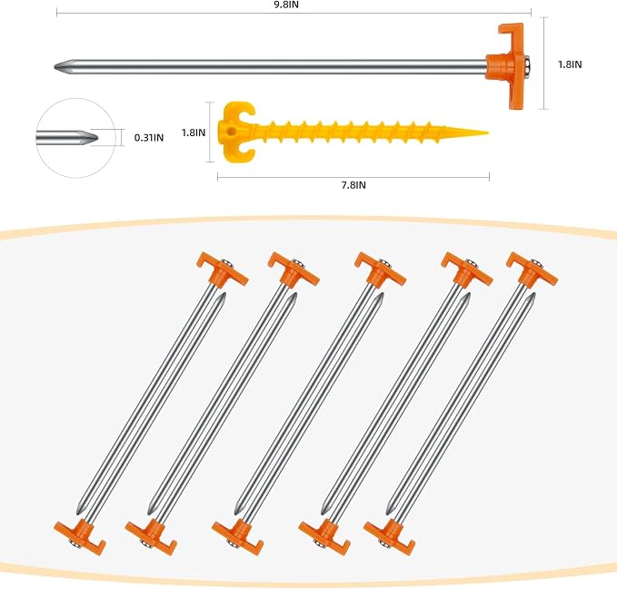 Tent Stakes Heavy Duty Camping Stakes,AVOFOREST 9.8inch Non-Rust Metal Tent Pegs Ground Stakes Tent Spikes Camping,Garden,Hiking Orange(Orange 12+2pcs, 10IN)