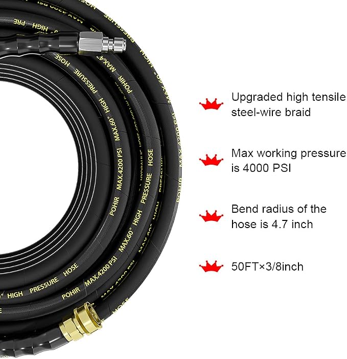POHIR Power Washer Hose 125FT, High Pressure Washer Hose with 3/8'' Quick Connector, Steel Wire Braided Hose with 2 Quick Connect Kits Compatible M22 14 mm, Hose for Pressure Washer 4200 PSI