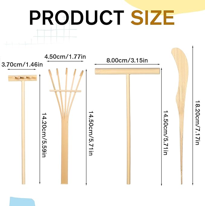 4 PCS Mini Sand Rake Zen Garden Tools for Desk, DIY Zen Sand Garden Rock Rake Accessories, Small Stamp Rakes Set for Home Office Gift Gardens Beds Decor