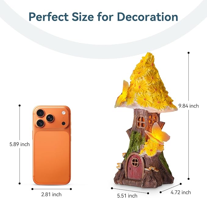 Fairy Garden House, Solar Fairy House for Outside Decor, Mushroom Outdoor Garden Statues for Yard, Lawn, Balcony Patio, Outdoor Figurine Lights Gifts for Mom Women