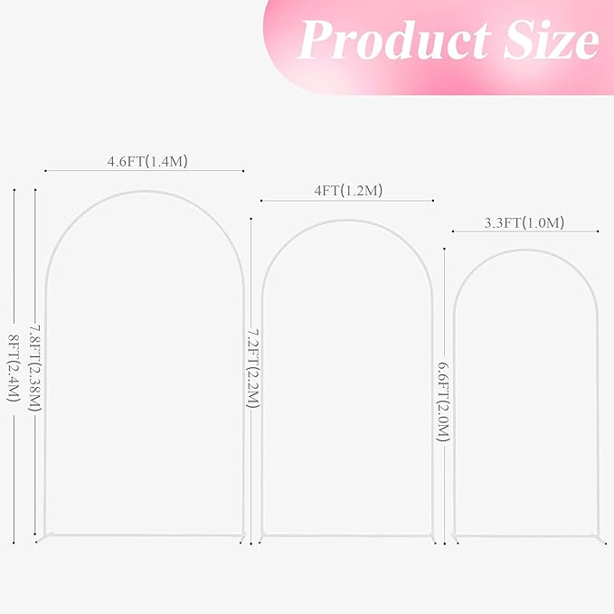 Wokceer White Metal Wedding Arch Stand Set of 3 Sizes 8FT, 7.2FT, 6.6FT for Wedding Ceremony, Baby Shower, Birthday Party, Garden Decoration