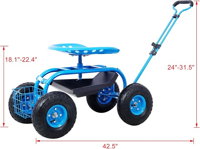 Rolling Garden Cart with Seat 360 Degree Swivel Seat Garden Scooter, Heavy Duty Garden Stool with Wheels, Utility Tool Tray Basket, Blue