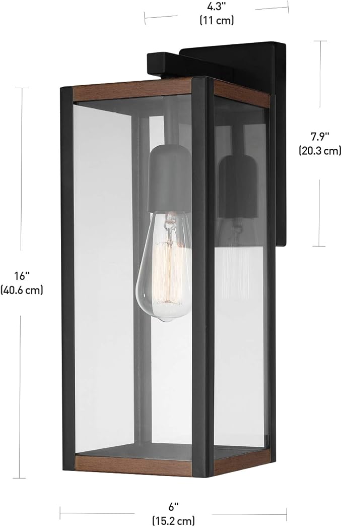 Globe Electric 44681 1-Light Outdoor Indoor Wall Sconce, Matte Black, Faux Wood Accents, Clear Glass Shade, Back Porch Lights, Front Patio, Garage Fixture, Exterior Lighting for House