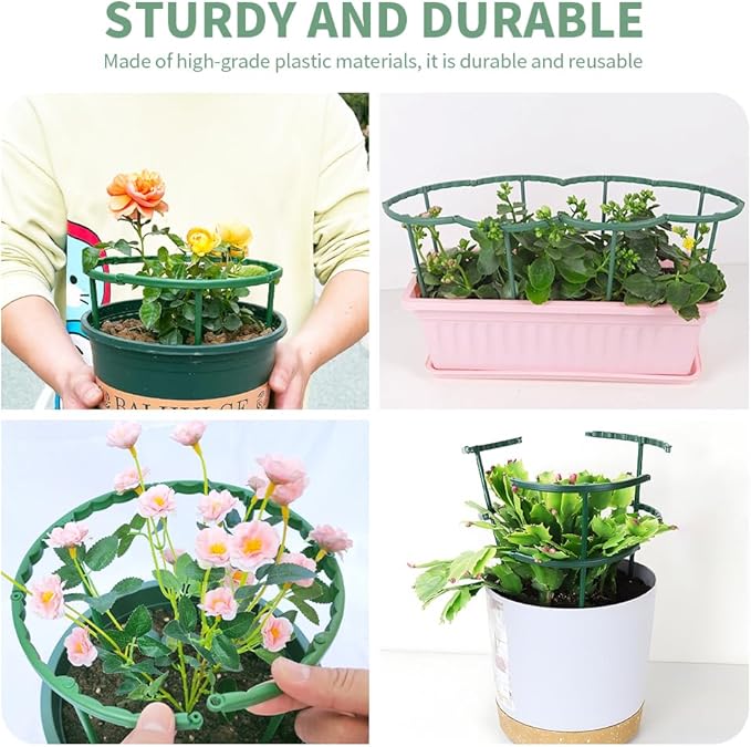 12Pcs Plant Support Stake,Half Round Plant Support Ring with 20 Pcs Clips,Plastic Plants Cage Holder for Small Plants Flower Vegetable,Indoor Leafy Plan t(Green,Size:24 x 14cm/9.45 x 5.51inch)