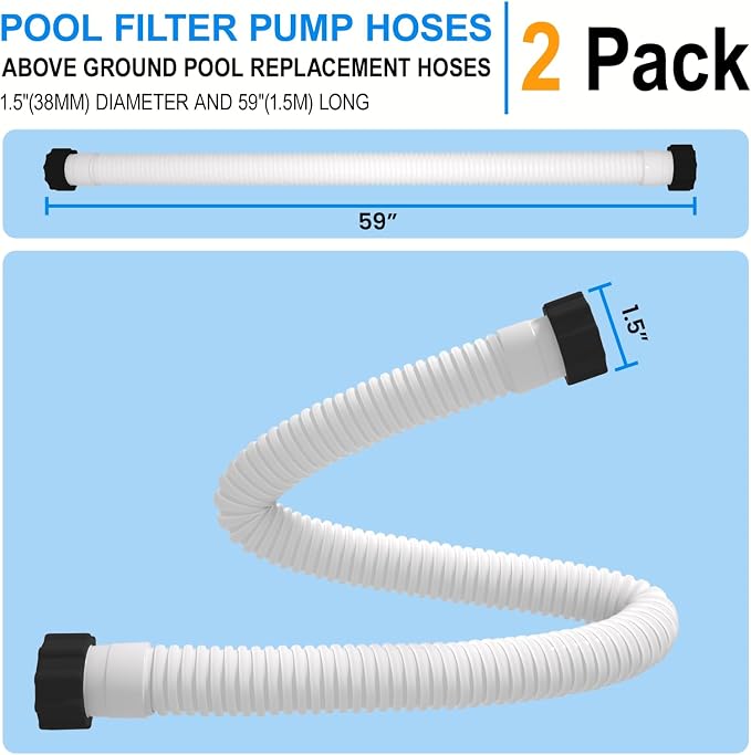 1.5" x 59" Pool Hose Replacement, Pack of 2 - Compatible with Above Ground Pools Filter Pump Hoses, Sand Filters, Saltwater Systems (1,500-2,500 GPH), White