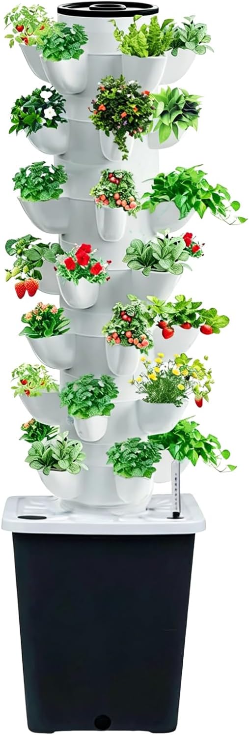 Hydroponics Tower Indoor Growing System Vertical Garden Planter Indoor Smart Garden Kit with Pump and Movable Water Tank Vegetable Plant Gift for Gardening Lover (Gray-35plants)