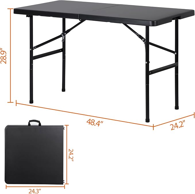 SUPER DEAL Portable 4 Foot Plastic Folding Table, Indoor Outdoor Heavy Duty Fold-in-Half Picnic Party Camping Barbecues Table with Carrying Handle, Black