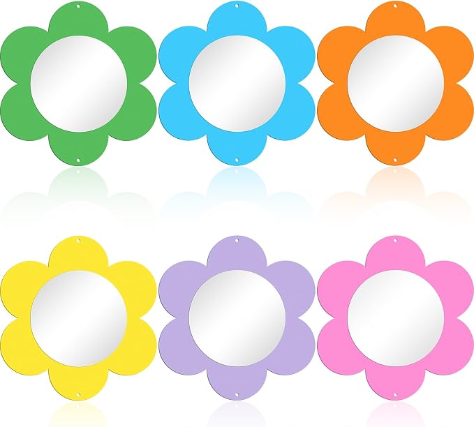 Xuhal 6 Pcs Flower Mirror Set Handmade Learning Tool Outdoor Sign for Sensory Gardens Sensory Rooms Garden Wall Decorations Spring Activitie