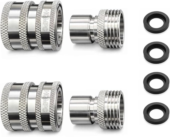 HQMPC Stainless Steel Garden Hose Quick Connect Fittings Set 3/4 inch GHT Stainless Steel 304 Garden Hose Quick Connector Easy Connect Fitting 2 SETS With 4 Gasket