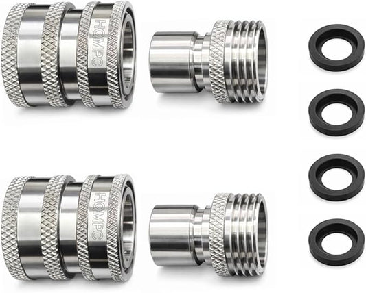 HQMPC Stainless Steel Garden Hose Quick Connect Fittings Set 3/4 inch GHT Stainless Steel 304 Garden Hose Quick Connector Easy Connect Fitting 2 SETS With 4 Gasket