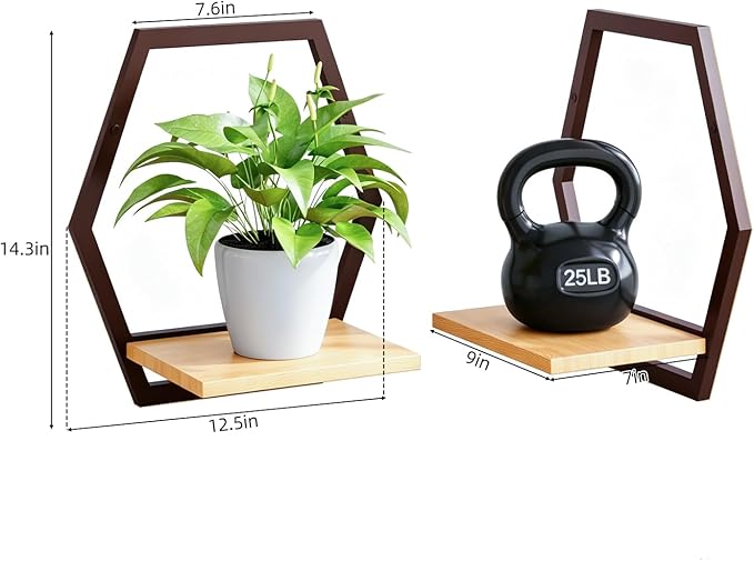 3 Pack Solid Wood & Metal Framework Wall Plant Stands,9 inch Natural Wood Shelf of Indoor,Mid Century Modern Hanging Planter for Outdoor Entryway 25 LB Load for Plants Coffee