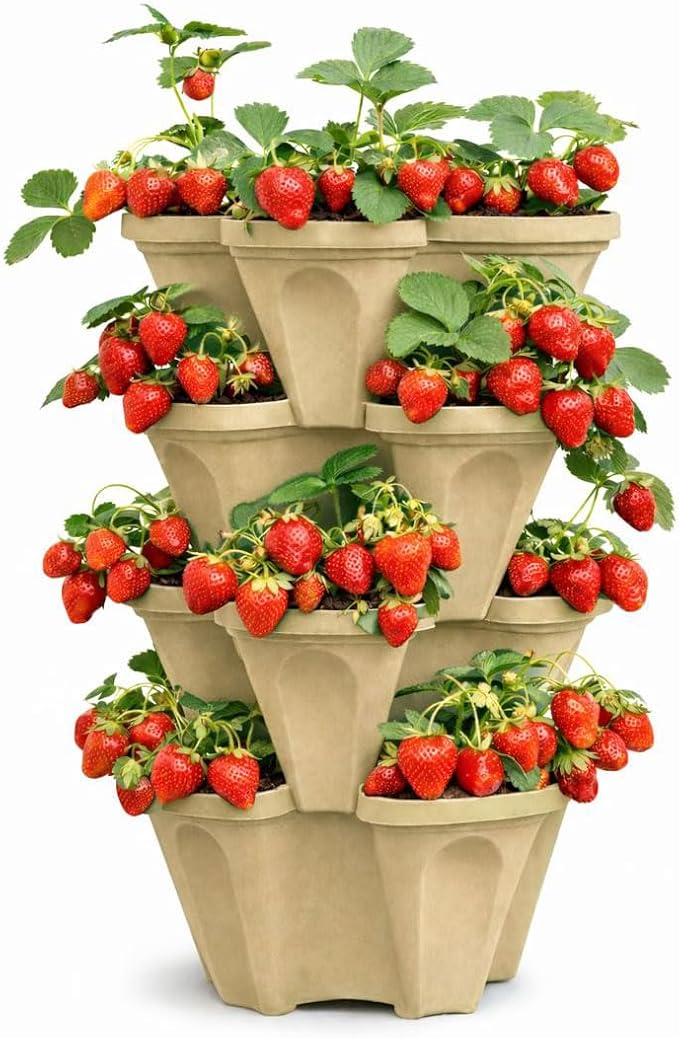 Large Vertical Planter Tower, 4 Tier Stackable Garden Planter, 28 Plant Sites, Heavy Duty Strawberry Planter, Vertical Growing System with Center Hole, Made in USA (Desert Sand)