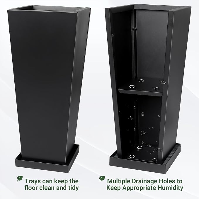 30" Metal Tall Outdoor Planters Set of 2, Durable & Wealtherproof | Tall Planters with Drainage Insert Shelve & Trays, Black Outdoor Planters for Porch, Garden, Yard
