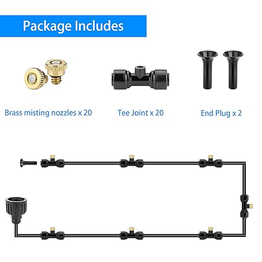 20 Pack Brass Mister Nozzles with 20 Pack Misting Nozzle Tees with 2 Pack End Plugs for Outdoor Cooling System Patio Misting System
