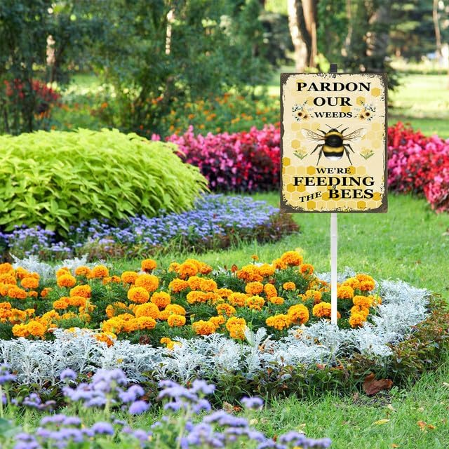 Parden Our Weeds We Are Feeding The Bees Yard Sign With Stake Do Not Mow Reflective Aluminum Yard Signs Rust Free Save Bee Pollinator Habitat Garden Signs (8x12) IN