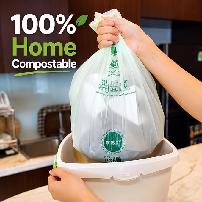 ANECO 100% Compostable Food Waste Bags 3 Gallon, 100 Count, Extra Thick Compost Bags for Countertop Bin, Small Compost Bag, Food Waste Bags with TUV OK Compost Home and BPI certified