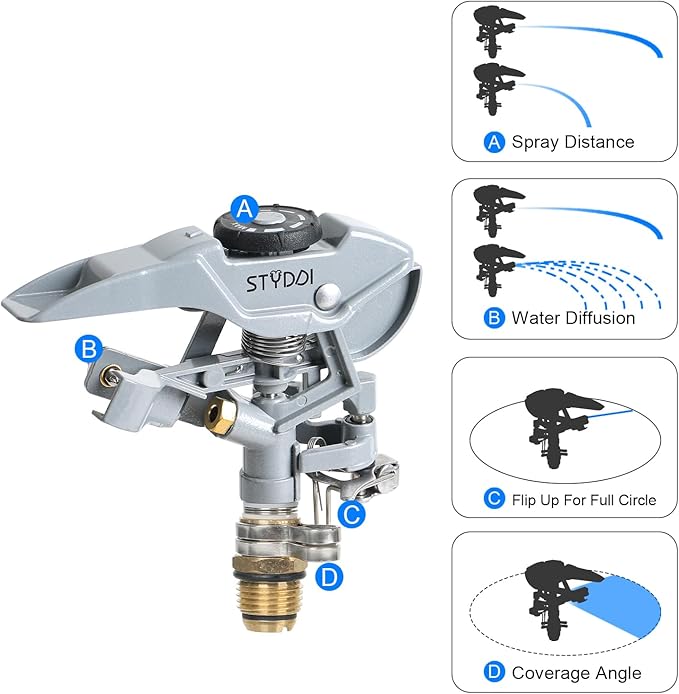 STYDDI Metal Impact Sprinkler Head, Zinc-Alloy Pulsating Water Sprinkler Head with 1/2" NPT Thread, Metal Adjustable Circle Pattern Impulse Sprinkler Head for Lawn, Yard, Garden, 20' - 43' Spray Radiu