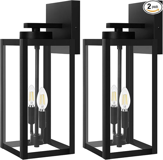2-Pack 18inch Outdoor Light Fixtures, Waterproof Black Outside Wall Lanterns with Clear Glass, Anti-Rust Exterior Wall Sconces, Front Porch Lights for House Garage Doorway, Bulbs Not Included