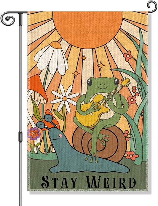 Perfectinsoy Stay Weird Retro Garden Flag, Snail and Frog Outdoor Banner, Funny Welcome Yard Holiday Farmhouse Patio Porch Lawn Outdoor Decor, Cute Frog Playing Guitar Flags, Housewarming Flag Gifts