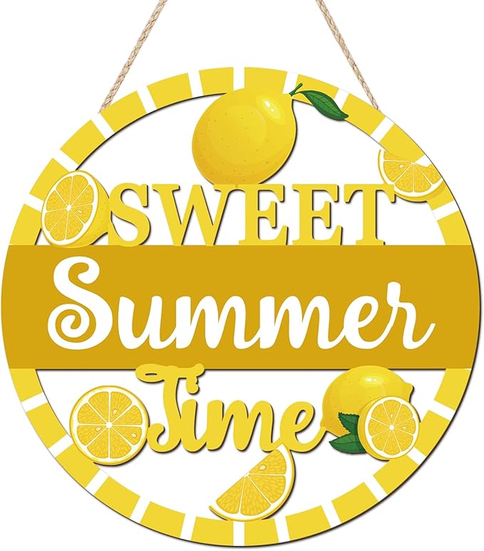 HOURIA 3D Lemon Wooden Door Sign,Sweet Summer Time Welcome Wreath Sign Front Door Decor,Summer Lemon Decorations for Home Kitchen Classroom,11.4"X11.4"