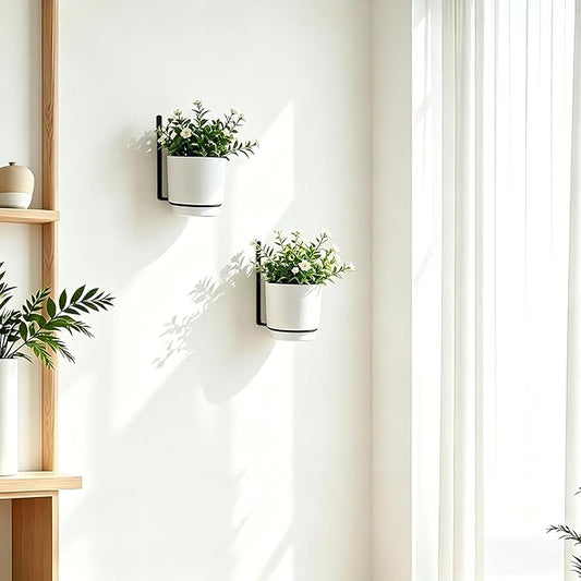 2 Pcs Wall Mounted Hanging Planter Vase for Indoor Outdoor Plants,Modern Metal Wall and Ceiling Hanging Flower Pot with Removable Flower Pot,Minimalist Decor for Herbs Succulents Flowers,4.3Inch,White