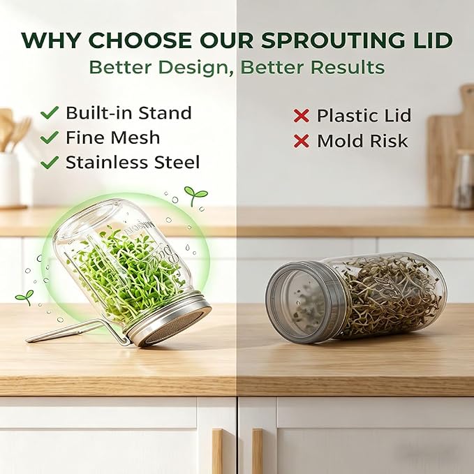 2 PCS Mason Jar Lids Sprouting Sprouts Growing Kit Seed Metal Bean Company Broccoli Masontops Maker Wide Mouth Mesh Microgreen Grower Stand Attachments Multi Pour Glass Rack Filter Germinating