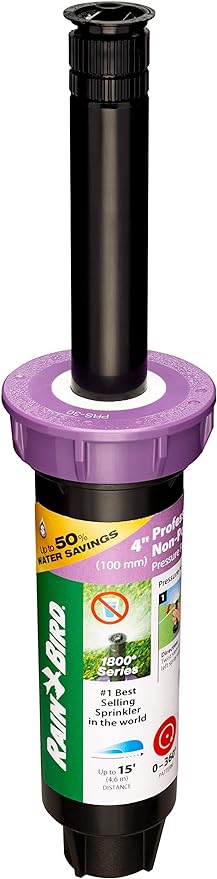 Rain Bird 1804NPPRS Pressure Regulating (PRS) Professional Non-Potable Water Pop-Up Sprinkler, Adjustable 0° to 360° Pattern, 8' - 15' Spray Distance, 4" Pop-up Height, Purple Cap