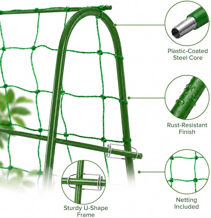 Outdoor Metal Arch Trellis, U Shape Garden Trellis for Climbing Plants, Pea, Vegetable and Grape Vine Support Frame for Raised Beds, Planter Pots, Patio and Yard, Adjustable Width, Green
