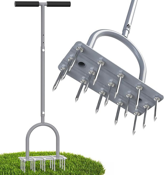 Aerator Lawn Tool Lawn Aerator -Heavy Duty Manual Grass Aerator with 15 Iron Spikes, Height Adjustable, Yard Aerator Tool for Lawn（Light Gray）