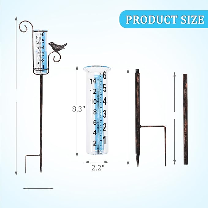WONDER GARDEN Rain Gauge Outdoor, 6 Inch Capacity Large Number Easy Read Hummingbird Rain Measure Gauge for Lawn, Yard and Garden