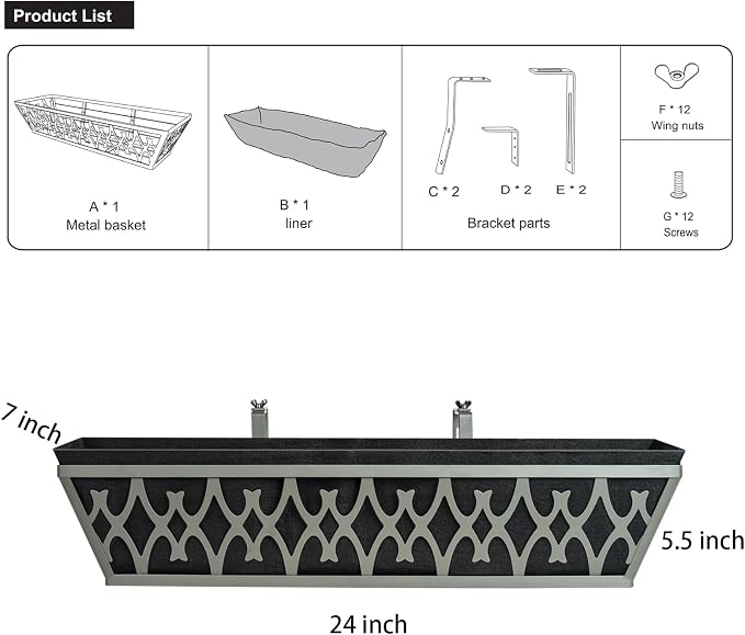 4 Pack 24 Inch Window Boxes Planters Railing Planter Box with Adjustable Brackets & Non-Woven Fabric Plant Grow Bags Deck Railing Planter Boxes Balcony Hanging Flower Box for Outdoor Plants